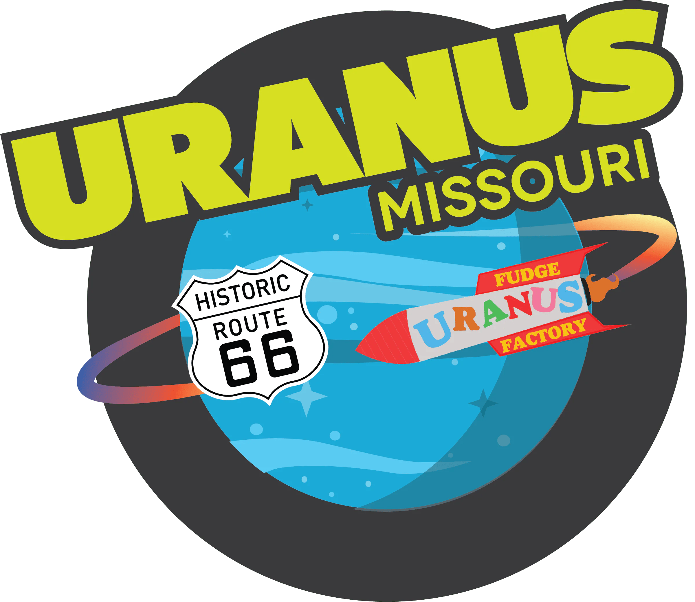 Logo for Uranus, Indiana, featuring a cartoon UFO and highway sign.