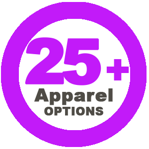 25+ Apparel Options in a purple circle graphic.