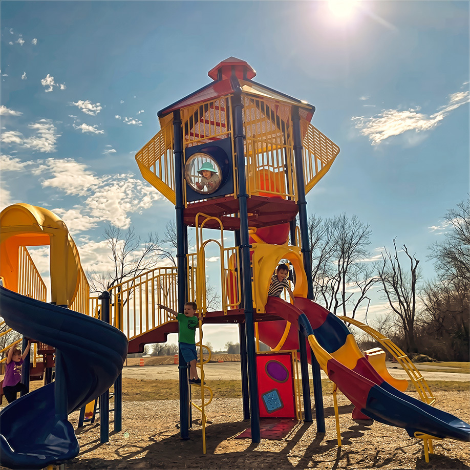 Children playing on the colorful playground at Uranus in Anderson, Indiana