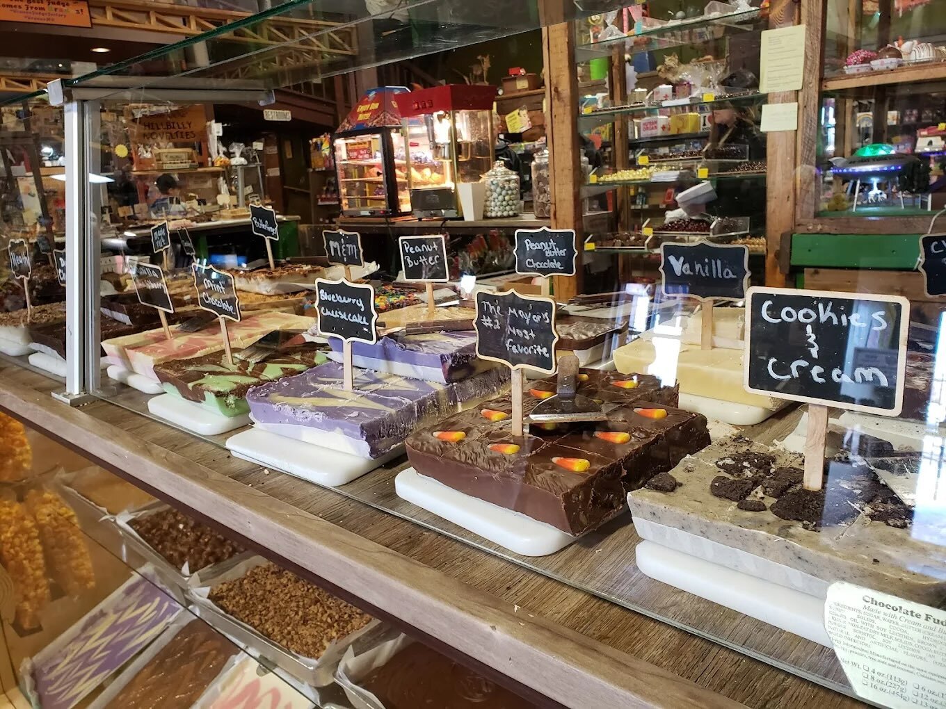 Fresh fudge on display at the fudge counter inside Uranus Fudge Factory in St. Robert, Missouri