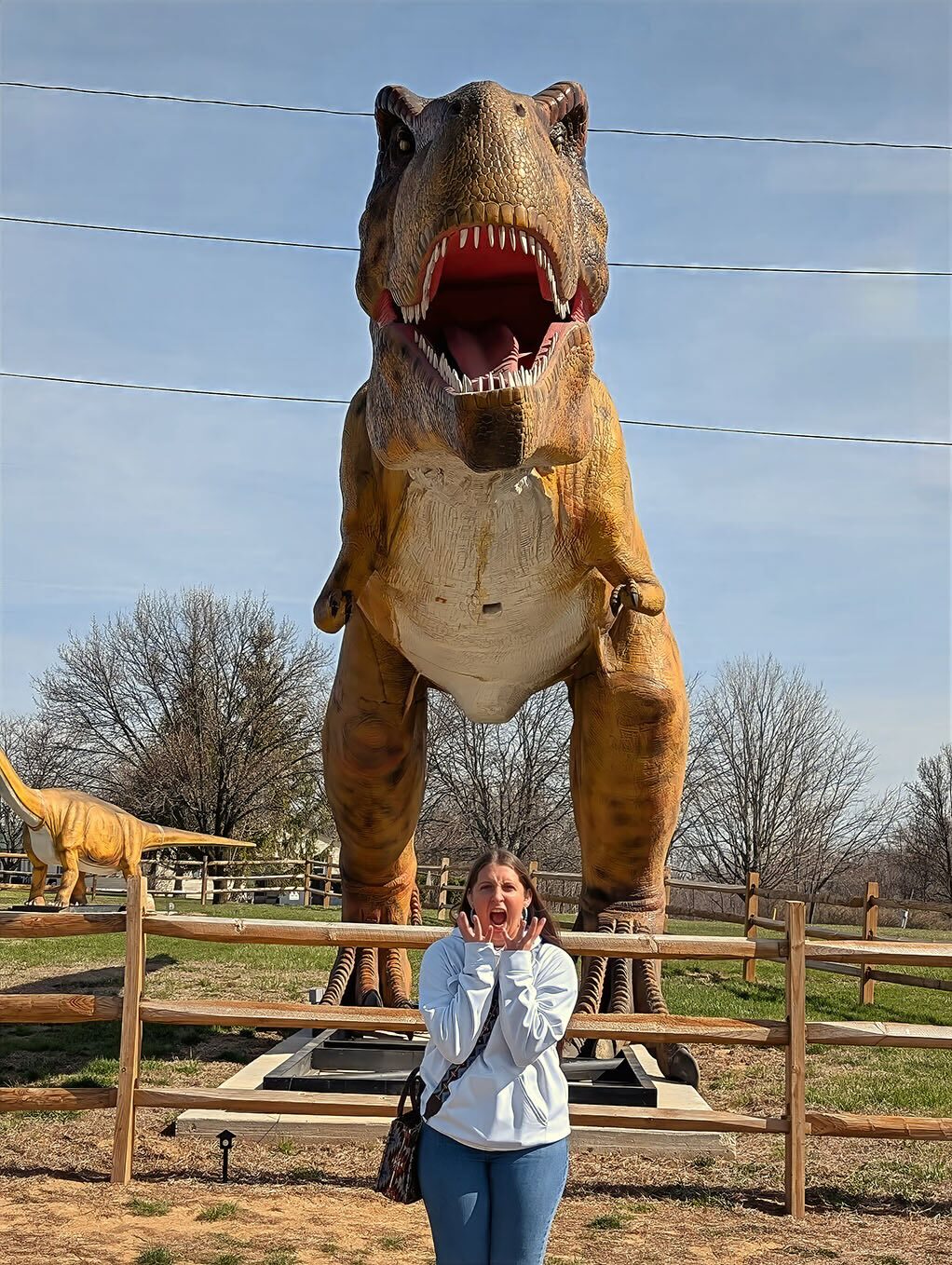 Woman posing with a giant T-rex dinosaur statue at Uranus in Richmond, Indiana