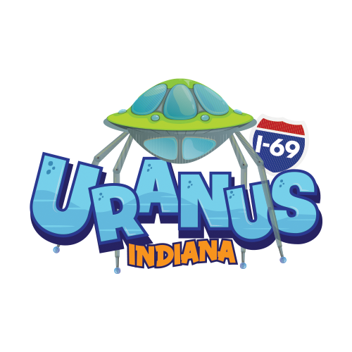 Logo for Uranus, Indiana, featuring a cartoon UFO and highway sign.