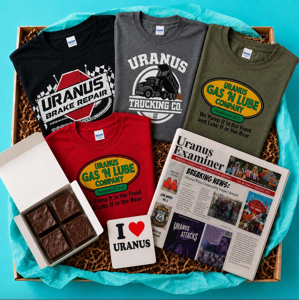 Uranus Father's Day Package with various products on a light blue background. 