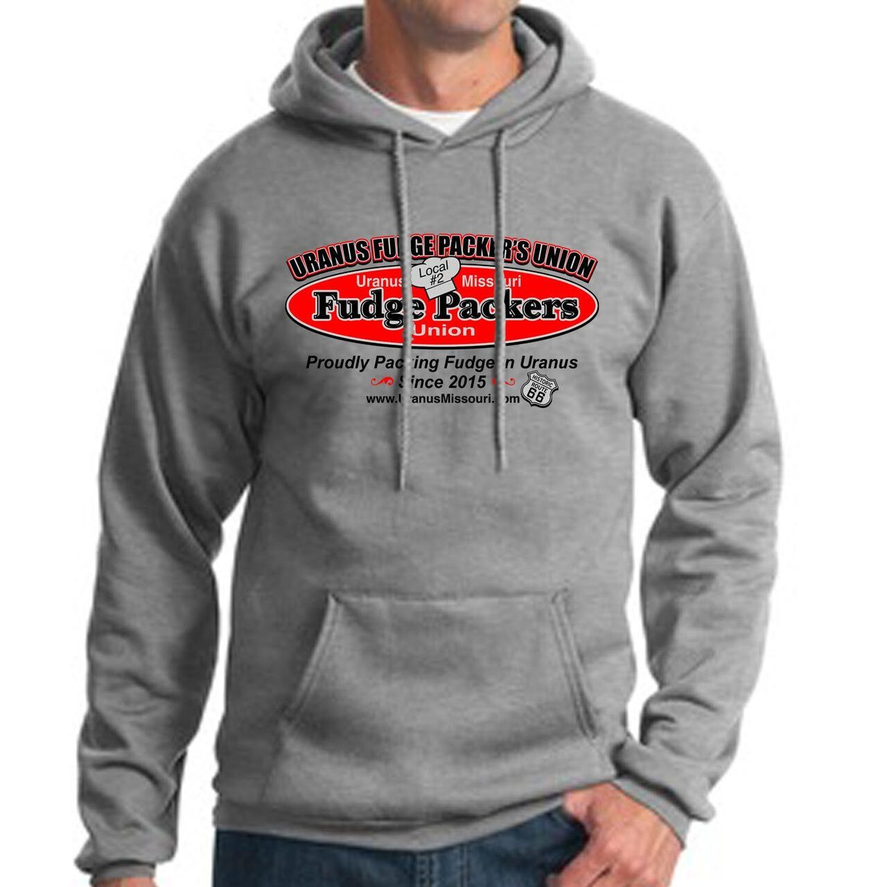 A person wearing a grey pullover hoodie featuring the Uranus Fudge Packers Union graphic on the chest