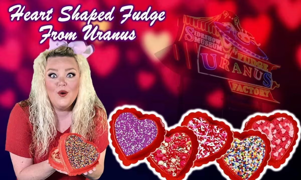 Miss Tiffany showing off our Heart-Shaped Fudge. Text reads "Heart Shaped Fudge from Uranus"