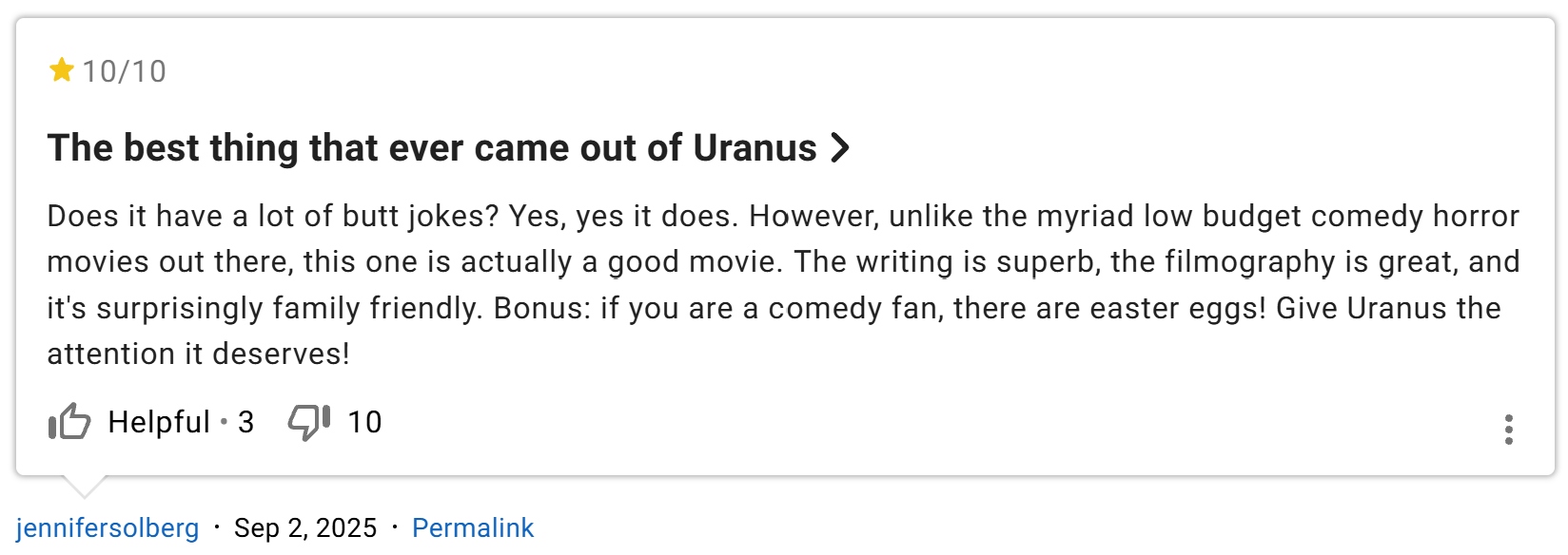 Screenshot of an IMBD review of Uranus Attacks