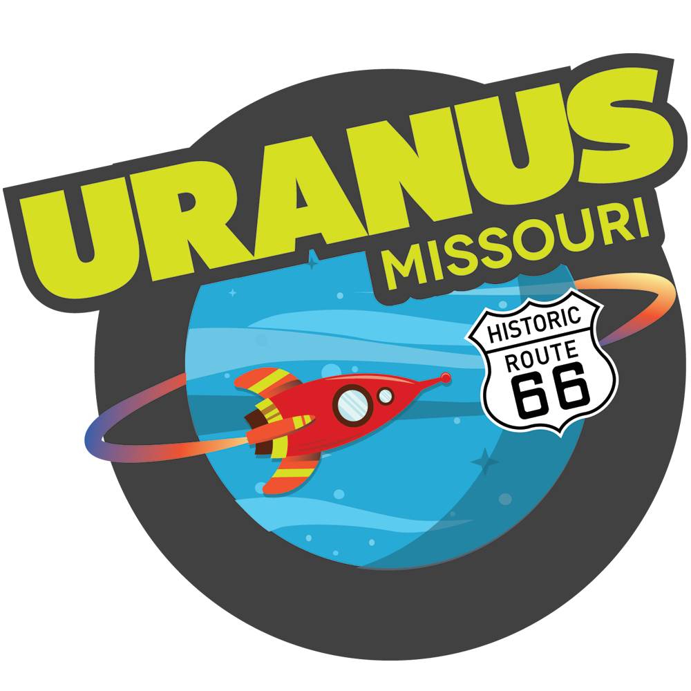 Logo for Uranus, Indiana, featuring a cartoon UFO and highway sign.