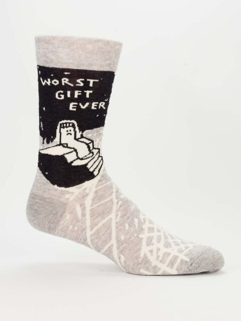 A Sock with "worst Gift Ever" written on the side, showing a sock looking sad while sitting on the steps